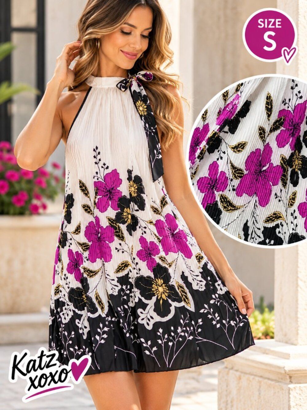 Meilinxiong Pleated Floral Mini Dress Small Purple Black Scarf Tie Swing Tunic